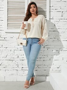 Celure Blusa de cuello con cordón de manga raglán - Beis - Ver 4