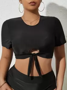 Plus Cut Out Knot Front Bikini Top - Black - View 1