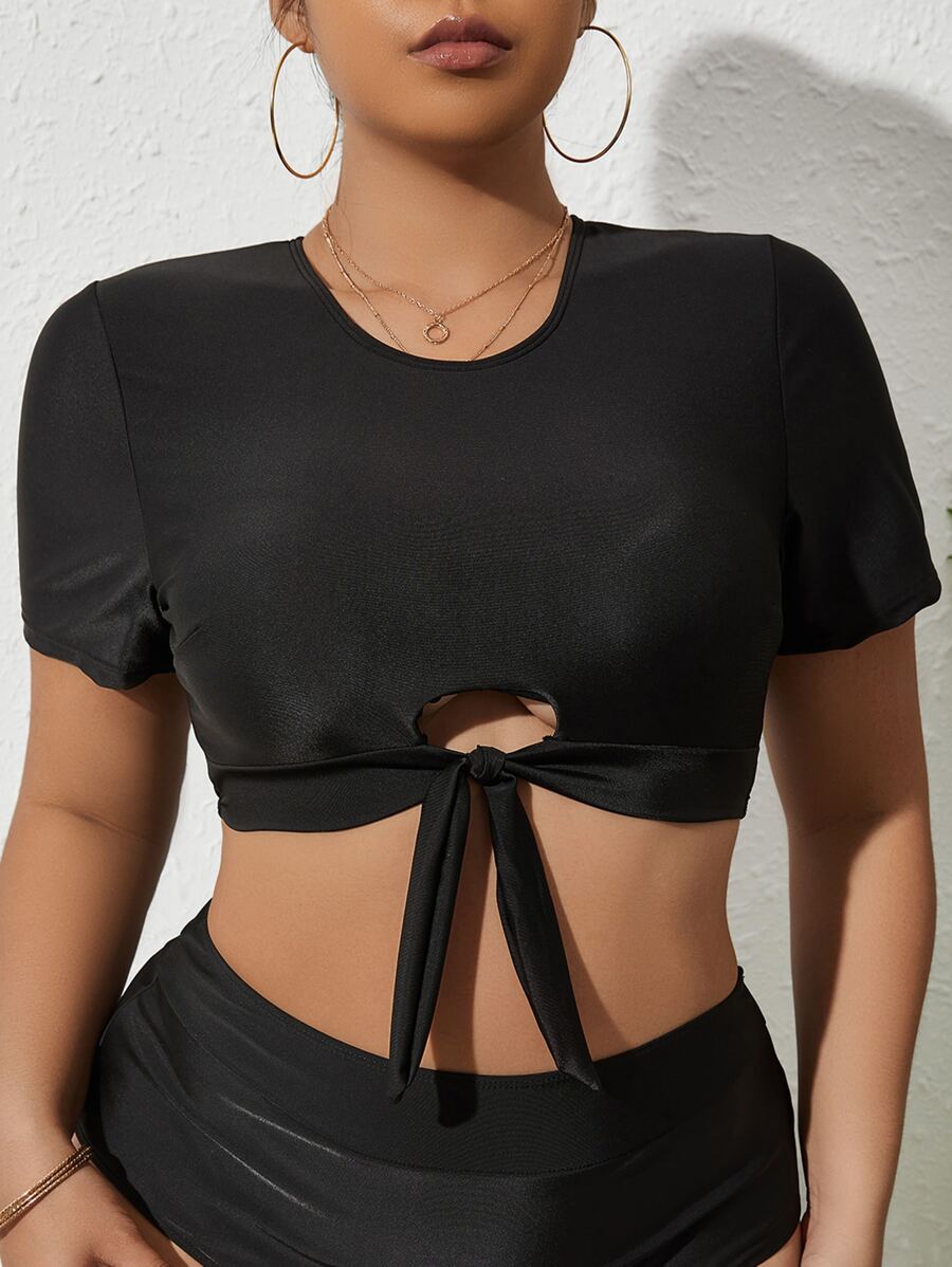 Plus Cut Out Knot Front Bikini Top - Black - View 1