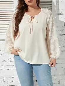 Celure Blusa de cuello con cordón de manga raglán - Beis - Ver 5