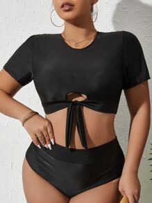 Plus Cut Out Knot Front Bikini Top - Black - View 3
