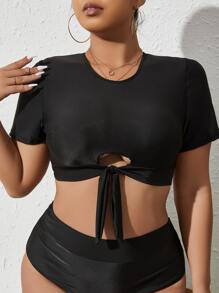 Plus Cut Out Knot Front Bikini Top - Black - View 4