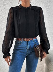 SHEIN Frenchy Swiss Dot Guipure Lace Insert Flounce Sleeve Blouse Summer Elegant Black Black - Black - View 1