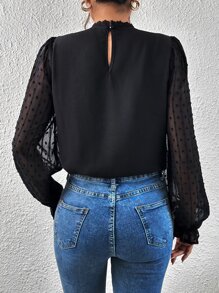 SHEIN Frenchy Swiss Dot Guipure Lace Insert Flounce Sleeve Blouse Summer Elegant Black Black - Black - View 2