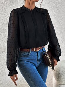 SHEIN Frenchy Swiss Dot Guipure Lace Insert Flounce Sleeve Blouse Summer Elegant Black Black - Black - View 4