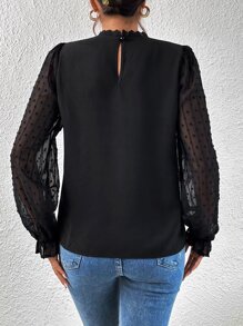 SHEIN Frenchy Swiss Dot Guipure Lace Insert Flounce Sleeve Blouse Summer Elegant Black Black - Black - View 5