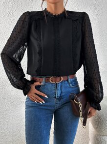 SHEIN Frenchy Swiss Dot Guipure Lace Insert Flounce Sleeve Blouse Summer Elegant Black Black - Black - View 6