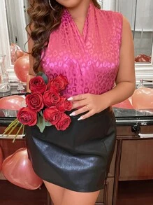 Celure Plus Leopard Jacquard Satin Blouse - Hot Pink - View 3