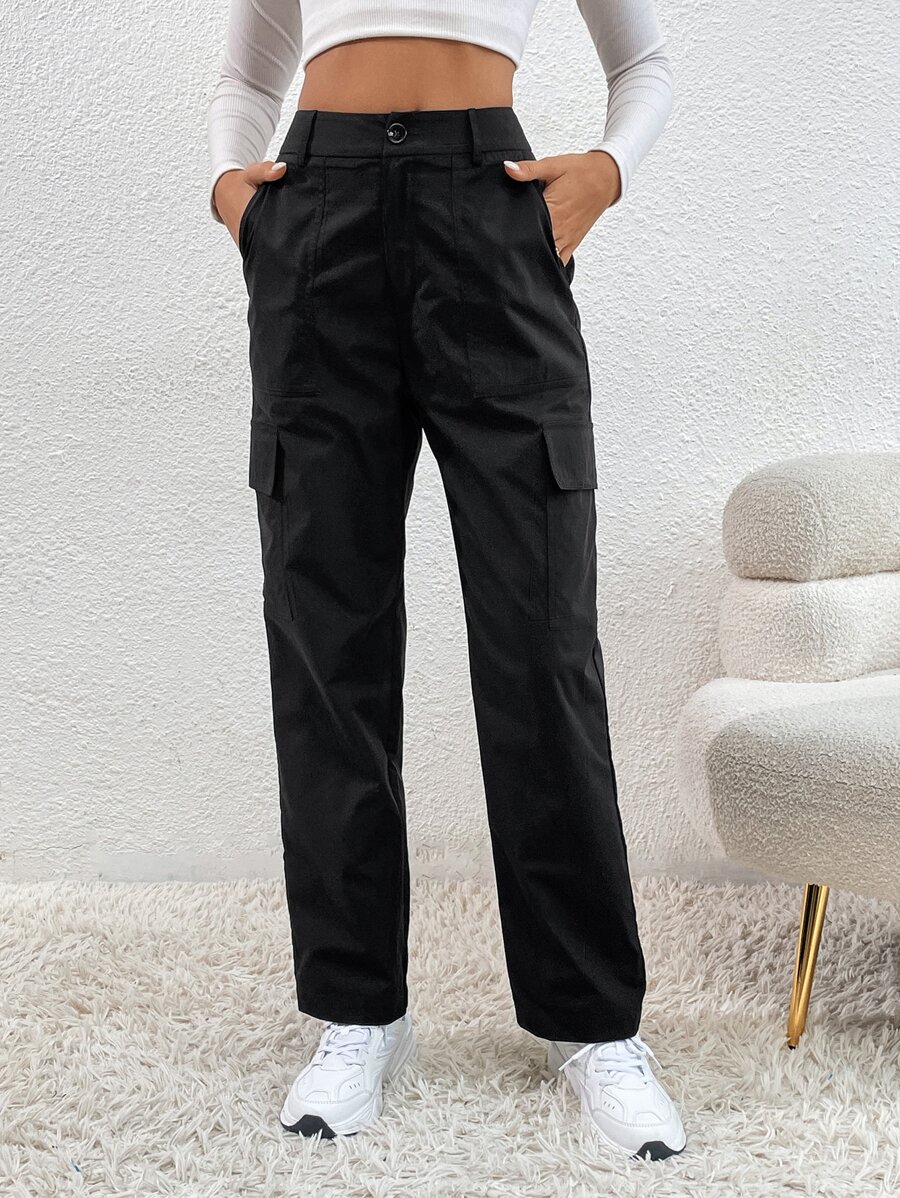 SHEIN EZwear 高腰翻蓋口袋工裝褲