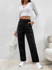 SHEIN EZwear 高腰翻蓋口袋工裝褲