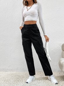 SHEIN EZwear 高腰翻蓋口袋工裝褲