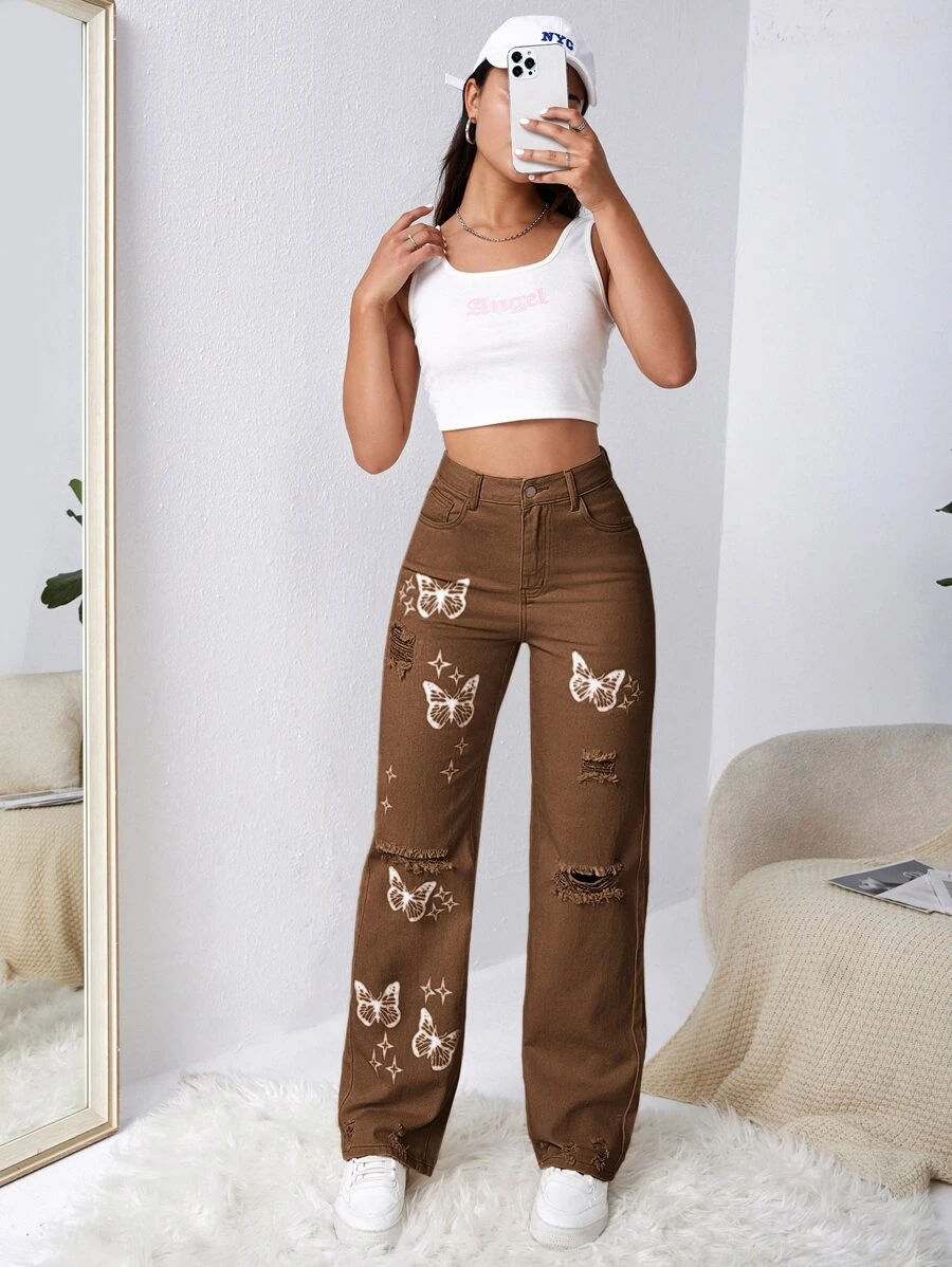 SHEIN EZwear Bleach Wash Ripped Detail Butterfly Jeans - Coffee Brown - View 1