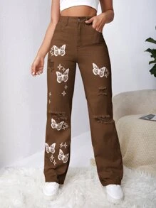 SHEIN EZwear Bleach Wash Ripped Detail Butterfly Jeans - Coffee Brown - View 3