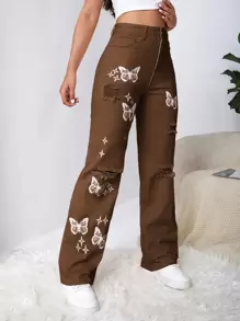 SHEIN EZwear Bleach Wash Ripped Detail Butterfly Jeans - Coffee Brown - View 4