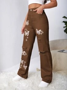 SHEIN EZwear Bleach Wash Ripped Detail Butterfly Jeans - Coffee Brown - View 5