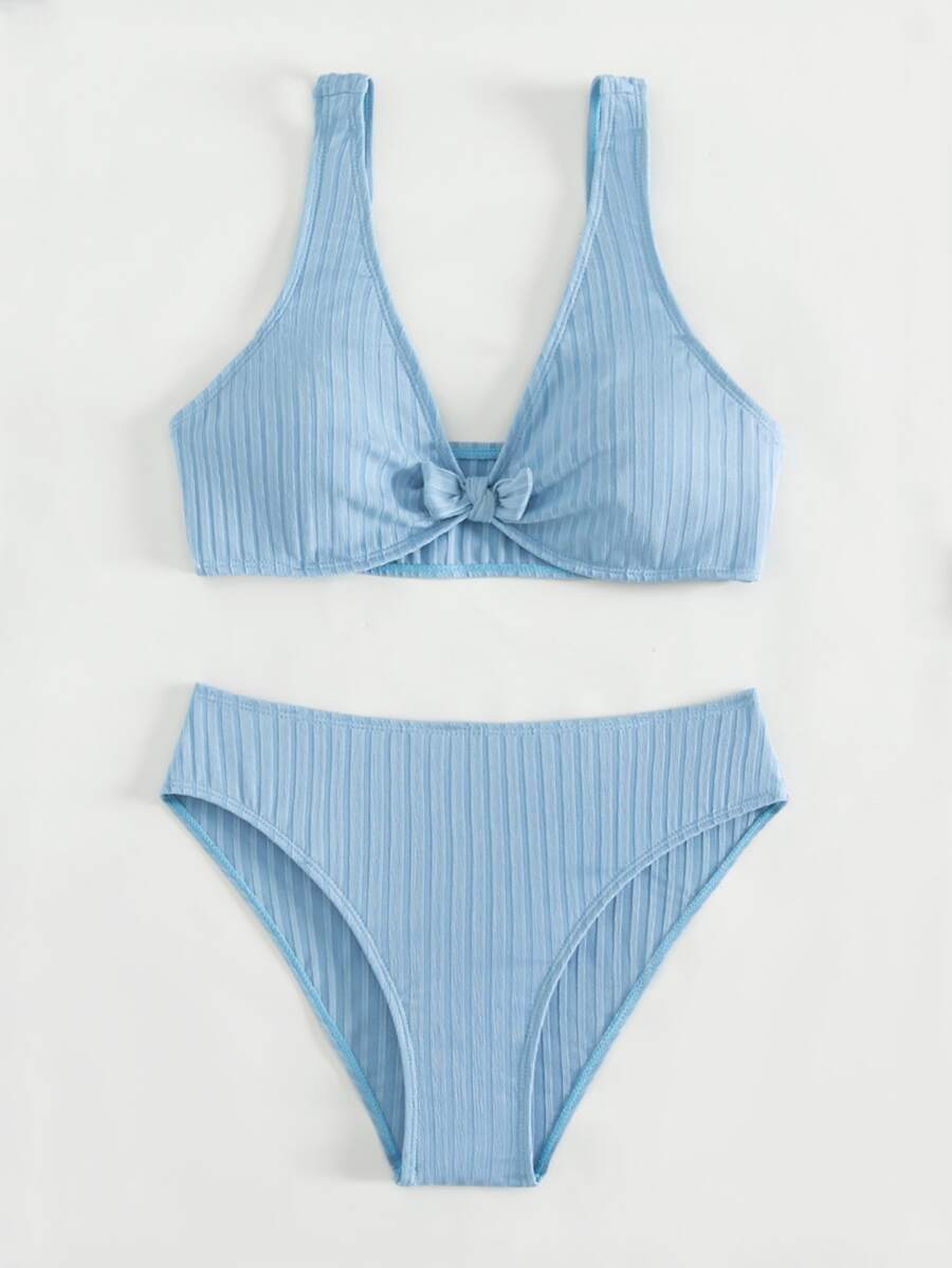 Teen Girls Knot Front Bikini Set Summer Beach - Dusty Blue - View 1