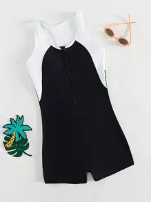Teen Girls Color Block Zipper Front One Piece Swimsuit - Black and White - View 1