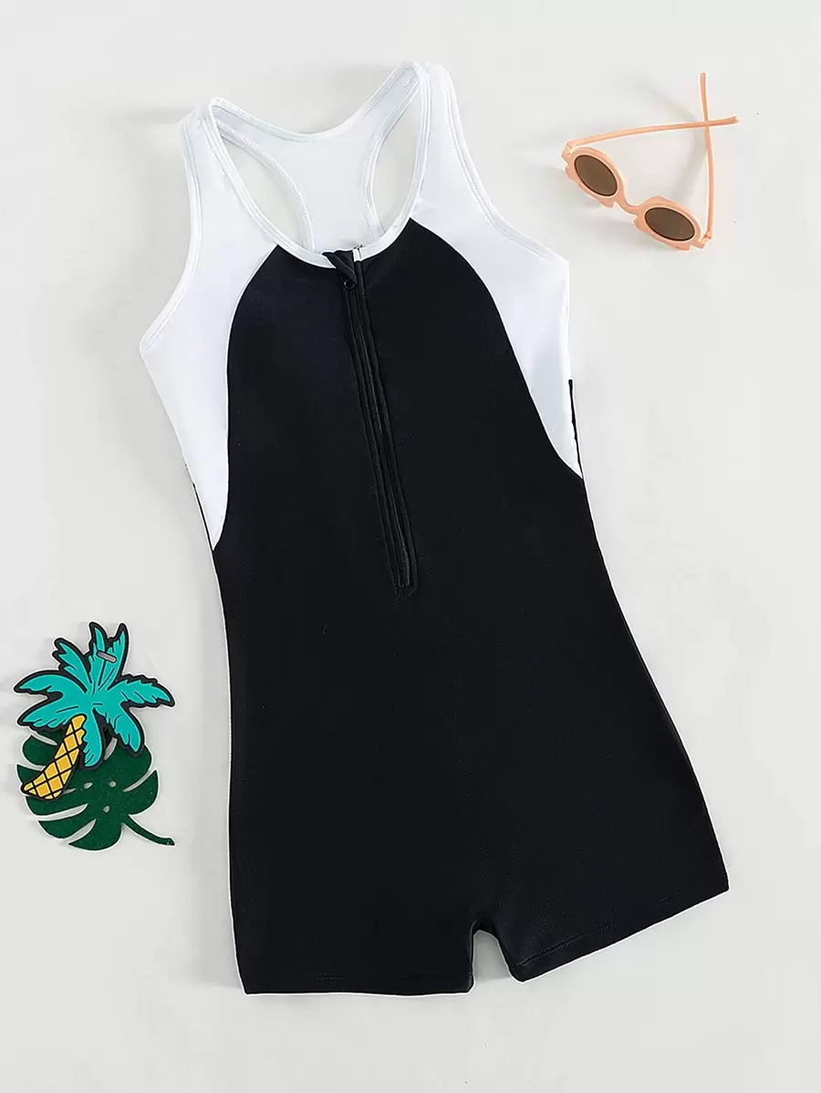 Teen Girls Color Block Zipper Front One Piece Swimsuit - Black and White - View 1