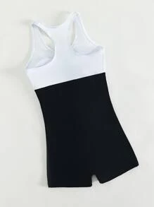 Teen Girls Color Block Zipper Front One Piece Swimsuit - Black and White - View 2