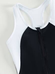 Teen Girls Color Block Zipper Front One Piece Swimsuit - Black and White - View 3