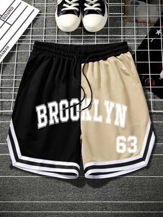  Aesthetic Post--Loose Fit Men's Letter Graphic Two-Tone Striped Trim Drawstring Waistband Shorts