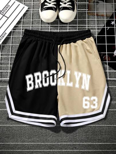 Guys Letter Graphic Two Tone Striped Trim Drawstring Waist Shorts