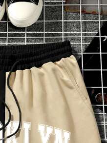 Aesthetic Post--Loose Fit Men's Letter Graphic Two-Tone Striped Trim Drawstring Waistband Shorts - Multicolor - View 3