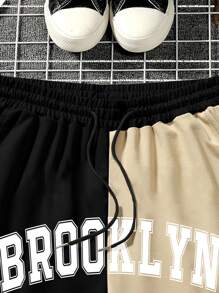 Aesthetic Post--Loose Fit Men's Letter Graphic Two-Tone Striped Trim Drawstring Waistband Shorts - Multicolor - View 4