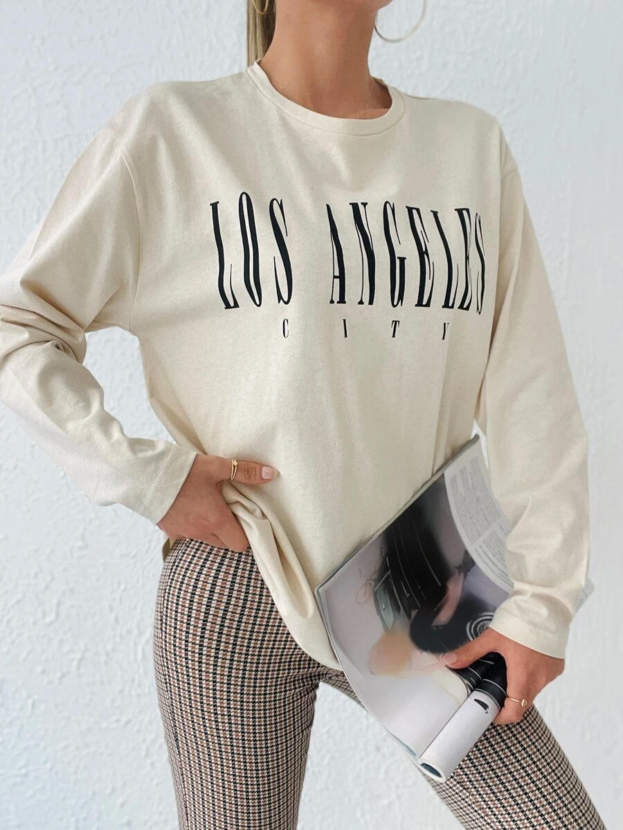 Cottnline Letter Graphic Drop Shoulder Sweatshirt - Beige - View 1