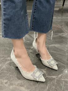 Rhinestone Decor Raw Trim Tweed Point Toe Pyramid Heeled Court Pumps, Beige Party Shoes For Women With Rhinestone Embellishments, High Heel - Beige - View 2