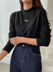 DAZY Letter Graphic Mock Neck Tee Long Sleeve Women Tops,Thermal Lined - Black - View 9