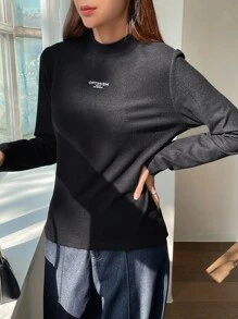 DAZY Letter Graphic Mock Neck Tee Long Sleeve Women Tops,Thermal Lined - Black - View 4