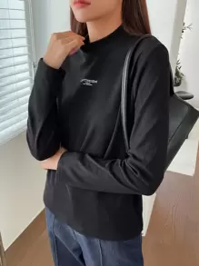 DAZY Letter Graphic Mock Neck Tee Long Sleeve Women Tops,Thermal Lined - Black - View 5