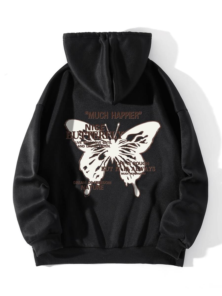 SHEIN EZwear Slogan & Butterfly Print Kangaroo Pocket Drawstring Thermal Hoodie - Black - View 1