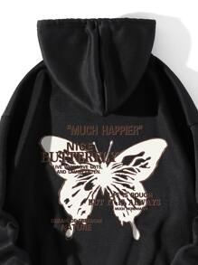 SHEIN EZwear Slogan & Butterfly Print Kangaroo Pocket Drawstring Thermal Hoodie - Black - View 3