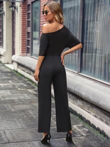 SHEIN Clasi Asymmetrical Neck Batwing Sleeve Ruched Wide Leg Jumpsuit - Black - View 4