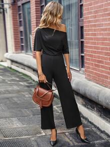 SHEIN Clasi Asymmetrical Neck Batwing Sleeve Ruched Wide Leg Jumpsuit - Black - View 5
