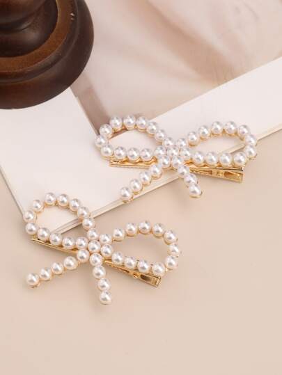 قطعتان من مشابك الشعر الأنيقة والأنيقة المزينة بالخرز الاصطناعي والفيونكة، إكسسوارات زخرفية متعددة الاستخدامات للجميع في جميع المواسم، مشابك شعر، مشابك شعر، إكسسوارات شعر مزينة بالخرز الاصطناعي والفيونكات، جميلة