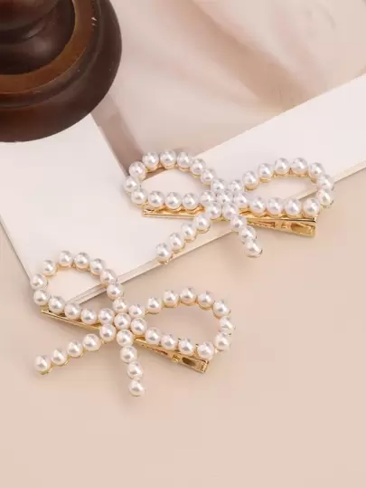 2个优雅时尚的侧边仿珍珠蝴蝶结发夹，百搭甜美饰品，适合所有季节，爪夹发夹，发卡，学生用品，大学，仿珍珠发饰，蝴蝶结，可爱