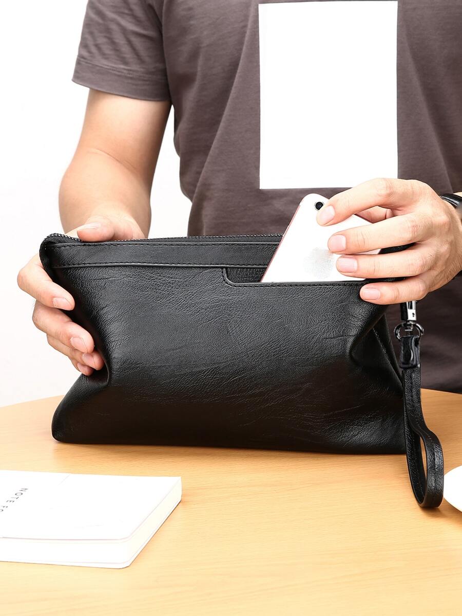 洗滌化妝包男士手提包適用於運動商業和旅行收纳包,男士極簡手拿包方包信封包腋下包帶腕帶,禮品適用於父親 - 黑色 - 查看 1