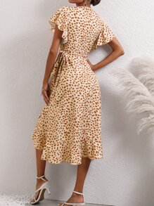 SHEIN Essnce Allover Print Knot Side Wrap Dress - Apricot - View 2