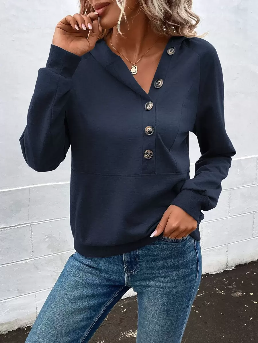 SHEIN LUNE Capucha con botón de manga raglán - Azul Marino - Ver 1