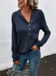 SHEIN LUNE Capucha con botón de manga raglán - Azul Marino - Ver 3