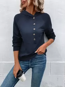 SHEIN LUNE Capucha con botón de manga raglán - Azul Marino - Ver 4