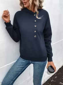 SHEIN LUNE Capucha con botón de manga raglán - Azul Marino - Ver 5