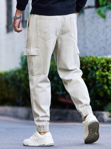 Manfinity Men Flap Pocket Side Drawstring Waist Cargo Jeans - Light Grey - View 2