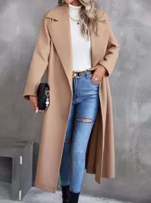 SHEIN Privé Lapel Neck Belted Overcoat - Khaki - View 1