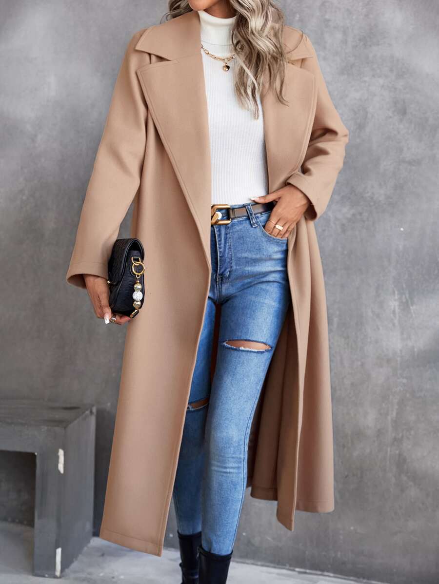 SHEIN Privé Lapel Neck Belted Overcoat - Khaki - View 1