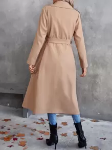 SHEIN Privé Lapel Neck Belted Overcoat - Khaki - View 2