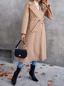 SHEIN Privé Lapel Neck Belted Overcoat - Khaki - View 3